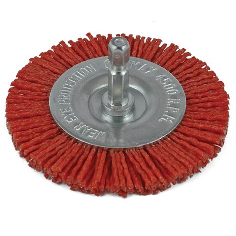 ITM NYLON SPINDLE MOUNTED WHEEL BRUSH 75MM, 80 GRIT, 1/4" HEX SHANK