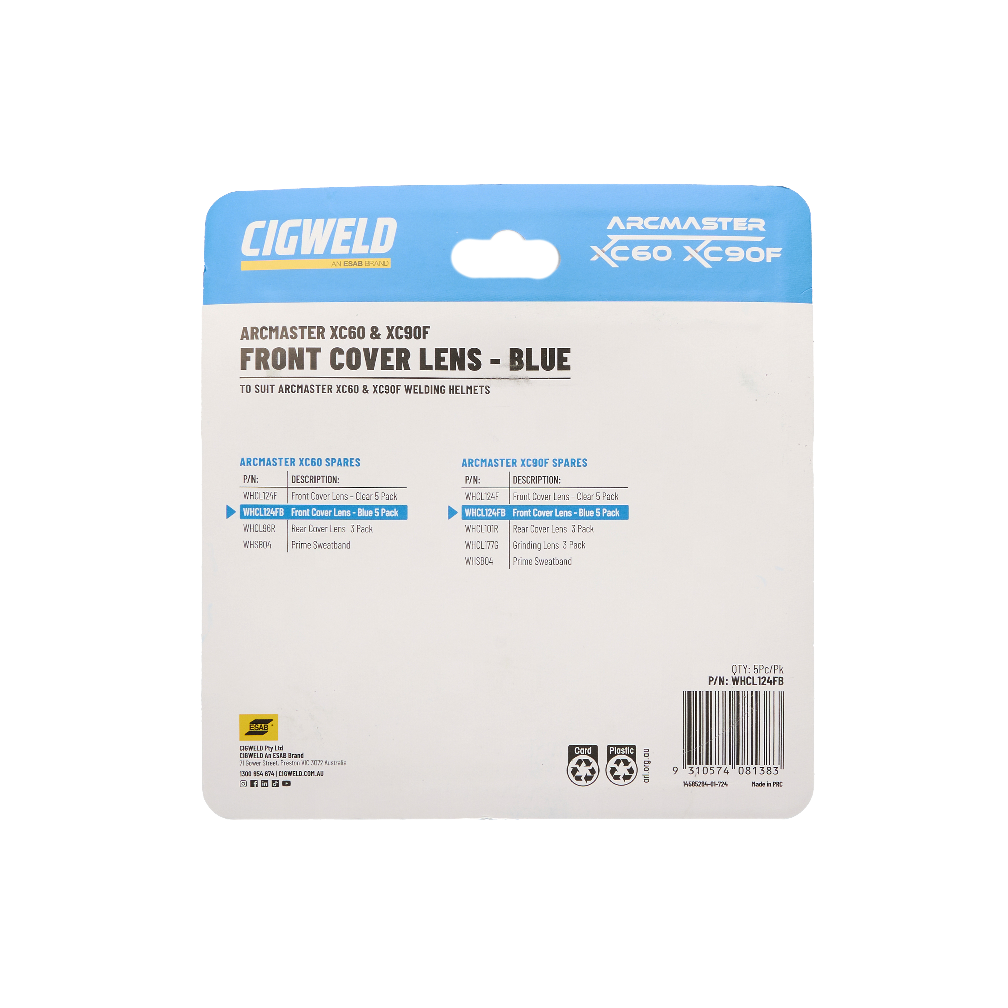 Cigweld Arcmaster XC90F and XC60 Front Cover Lens - Blue — image 3