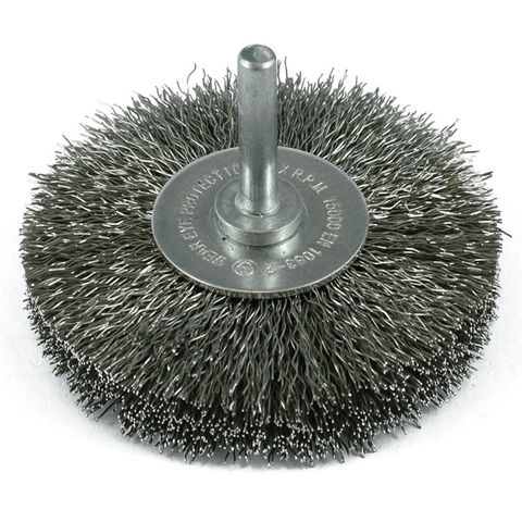 ITM CRIMP WIRE WHEEL BRUSH STAINLESS STEEL HIGH SPEED 50MM X 17MM, 1/4" ROUND SHANK