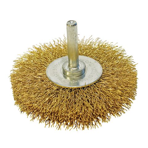ITM CRIMP WIRE WHEEL BRUSH BRASS HIGH SPEED 75MM X 18MM, 1/4" ROUND SHANK